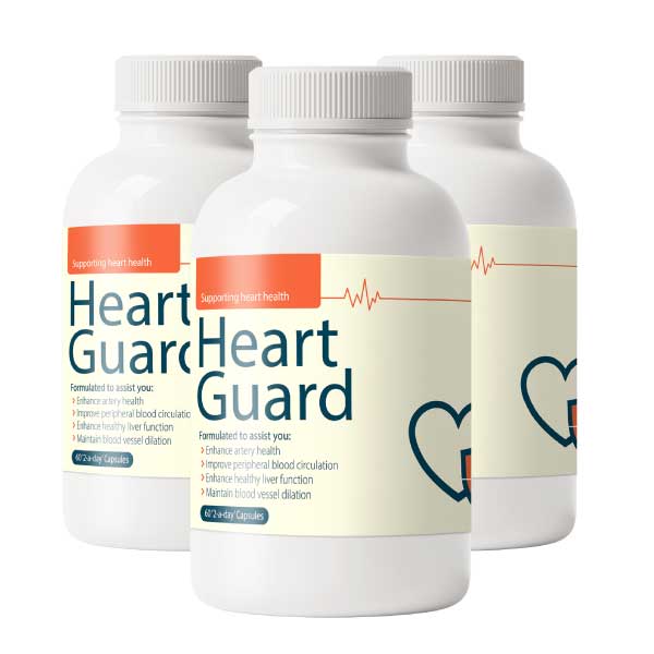 Three bottles of Heart Guard supplement displayed on a white background. Three bottles of Heart Guard supplement displayed on a white background.