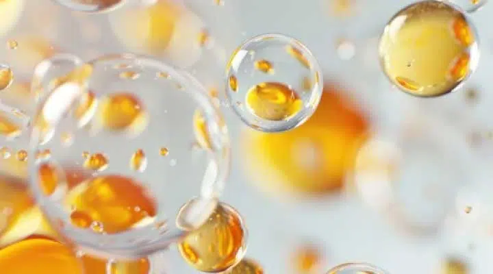 Abstract close-up of golden nutrient droplets representing B6, B9 and B12 vitamins on a light background.