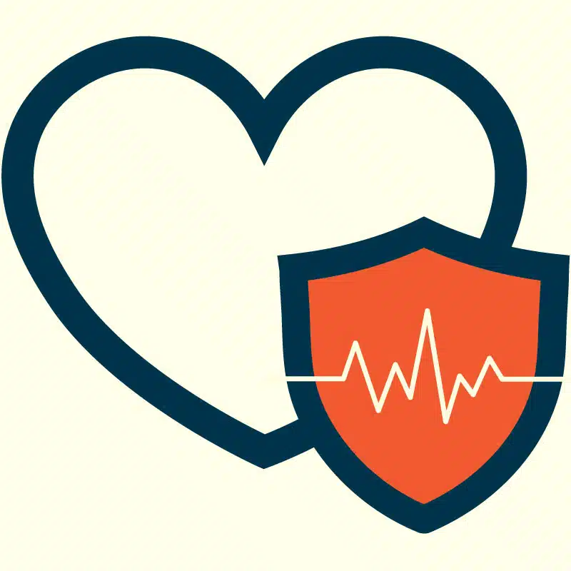 illustration of a heart outline with a protective shield in the foreground featuring a heartbeat pulse line.